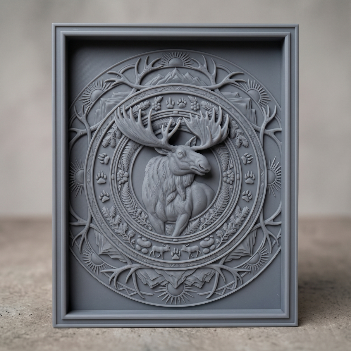 High-relief 3D bas-relief of a bull moose inside a circular mandala medallion of antlers, mountains, rising suns, ferns, berries and paw prints, set in a stepped rectangular frame. Fine fur, muscle and antler detail with layered rings rising from a smooth background. Designed for CNC relief carving, wood routing and 3D printing as rustic wildlife wall decor for a cabin, lodge or hunting den.