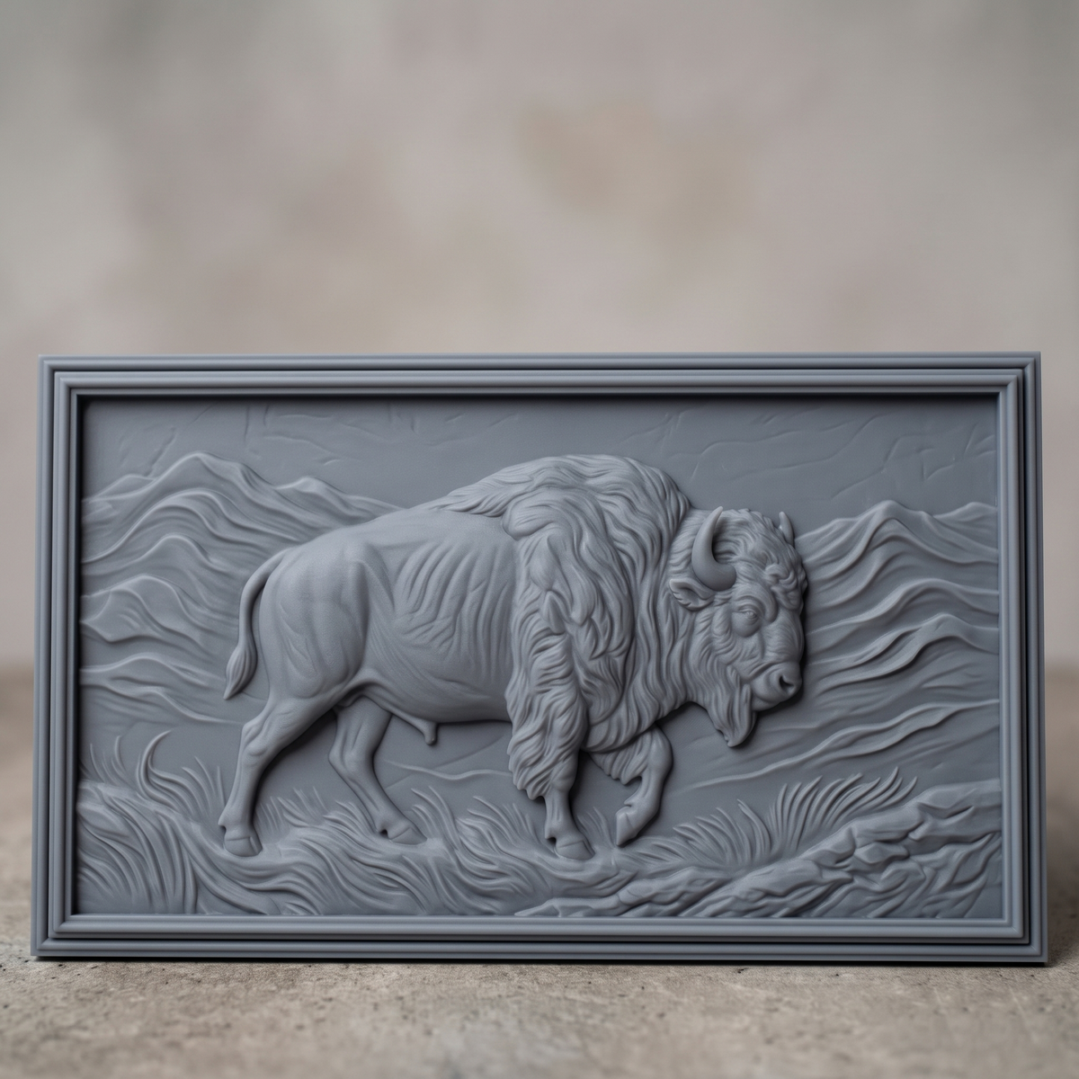 Detailed 3D bas-relief of an American bison walking through rolling mountains and wind-swept prairie grass, with shaggy mane, curved horn, raised front hoof and fine fur texture. Set in a rectangular panel with a stepped molded frame, shown in carved walnut wood. Designed for CNC relief carving, woodworking and 3D printing as rustic western wall decor.