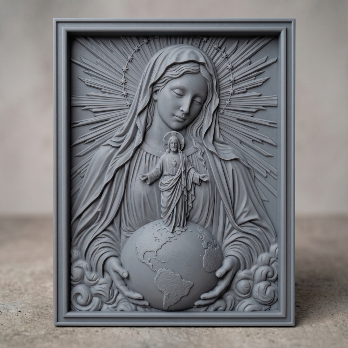 Bas-relief of the Virgin Mary with a radiant sunburst halo ringed by stars, gently gazing down as she holds the world in her open hands. The Sacred Heart of Jesus stands atop the globe with arms outstretched, haloed and robed, carved in fine wood-grain texture. Continents are detailed on the globe, framed by soft clouds below within a rectangular molded border. Designed for CNC relief carving, wood routing, and 3D printing as devotional wall decor.