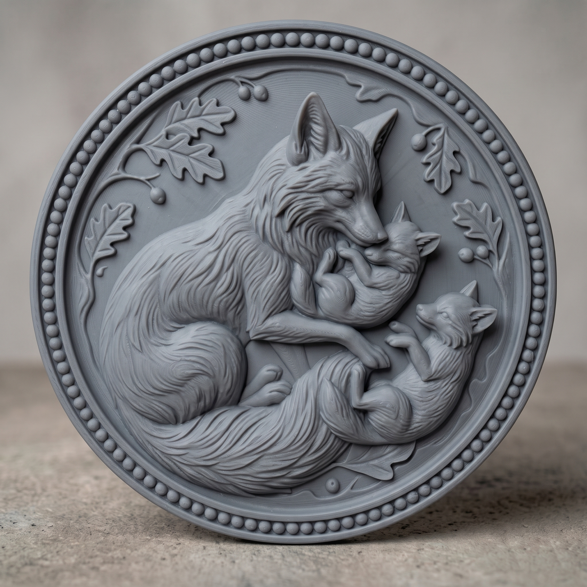 Detailed 3D bas-relief of a mother fox curled around two kits, nuzzling one tucked in her paws while the second lies on its back reaching up to her. Oak leaves and acorns fill the recessed field, framed by a ring of raised beads between two smooth rims. Carved wood texture in high relief. Designed for CNC relief carving, wood routing, and 3D printing as nursery and woodland wall decor.