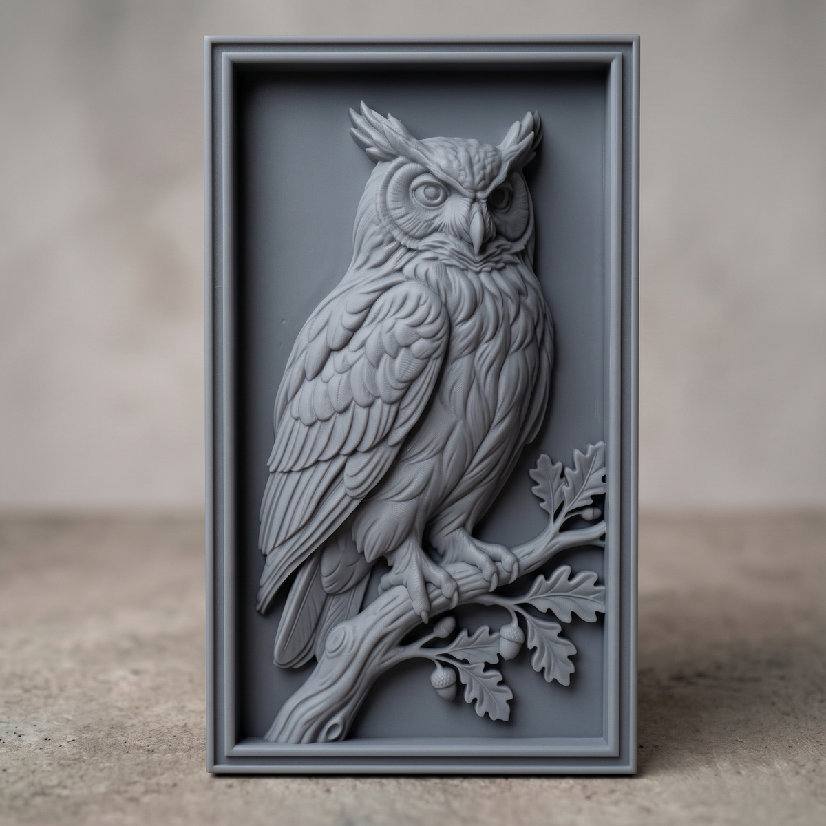 Detailed 3D bas-relief of a great horned owl perched on an oak branch, wings folded, large forward-facing eyes, surrounded by acorns and oak leaves. Carved in rich walnut wood grain with fine feather texture, set within a raised rectangular frame border. Designed for CNC relief carving, wood routing, resin casting, and 3D printing as wall decor.