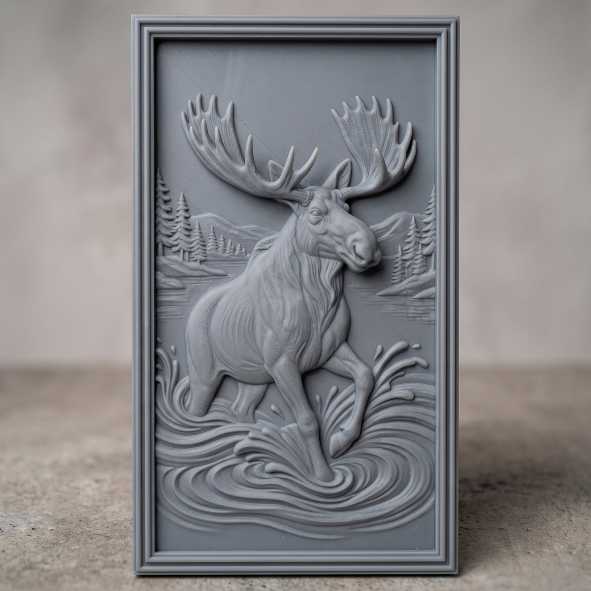 High-relief 3D bas-relief of a big moose with huge antlers wading through splashing lake water, with pine trees, lake shore and distant mountains behind, set in a tall portrait rectangular plaque with a stepped molded border. Fine fur, muscle and layered water ripple detail. Designed for CNC relief carving, wood routing and 3D printing as rustic wildlife wall decor for a cabin, lodge or den.