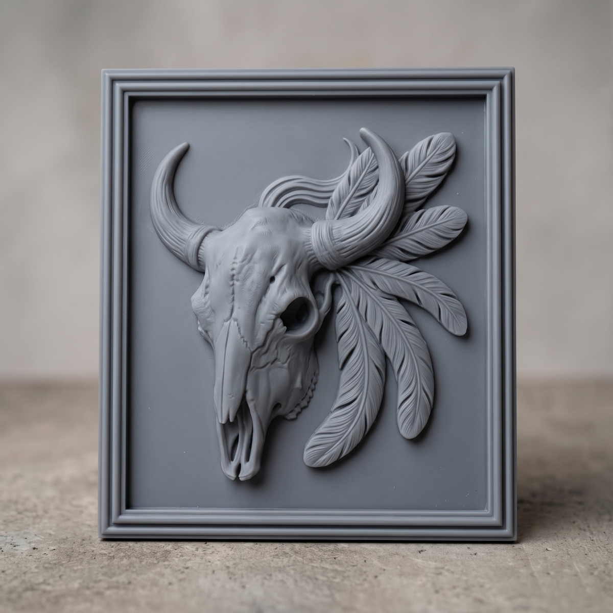 Detailed 3D bas-relief of a bison skull with two curved horns wrapped in leather bands, flowing mane wisps and five carved feathers hanging to the side, set inside a rectangular panel with a stepped molded frame. Rich walnut wood grain and raised detail. Designed for CNC relief carving, woodworking and 3D printing as rustic western wall decor.