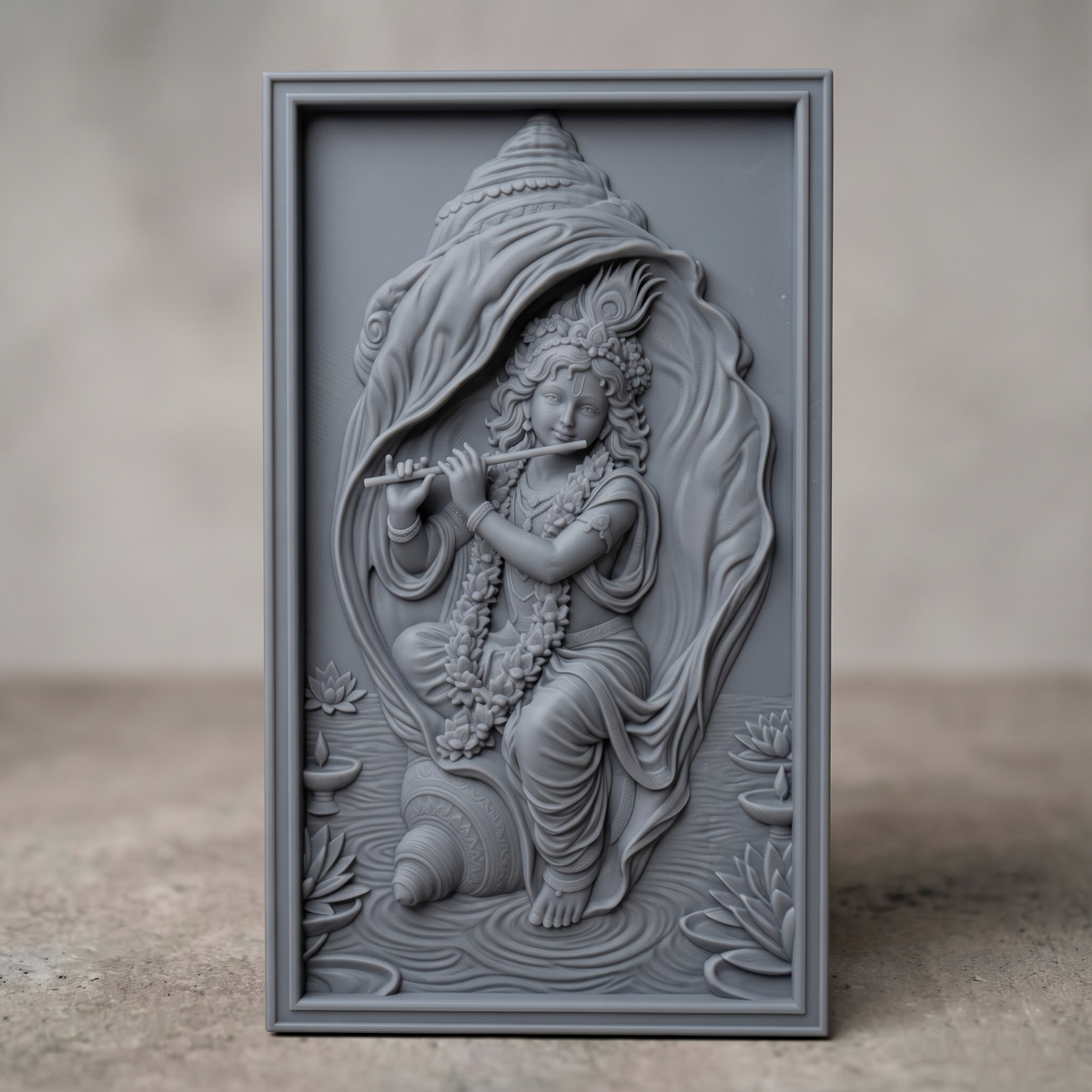 Bas-relief of Krishna playing a flute beneath a flowing conch-shell canopy, wearing a peacock feather crown, floral garlands, and bangles. Lotus flowers and oil lamps rest in rippling water below, carved in rich wood-grain texture within a rectangular frame. Designed for CNC relief carving, wood routing, and 3D printing as devotional wall decor.