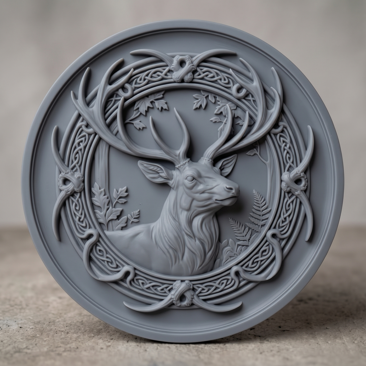 High-relief 3D bas-relief of a deer head with large antlers inside a circular Celtic knotwork frame with leaves and ferns, made as a solid round plaque with a full flat background. Fine antler, fur and knot detail with layered relief. Designed for CNC relief carving, wood routing and 3D printing as Celtic wildlife wall decor for a cabin, lodge or den.
