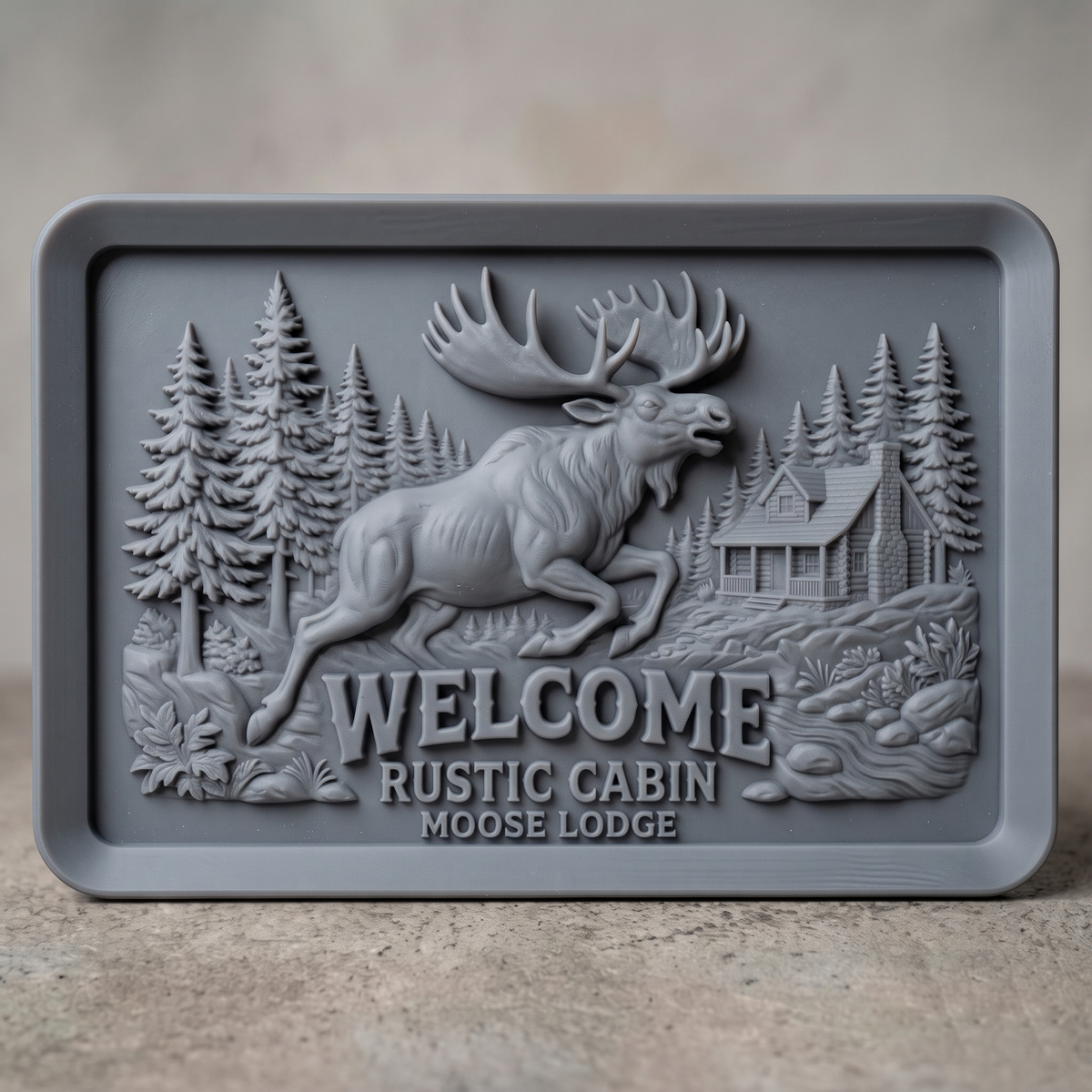 Leaping bull moose with large antlers in front of tall pine trees, a log cabin with stone chimney and a rocky stream, with carved WELCOME RUSTIC CABIN MOOSE LODGE lettering, shown as a landscape rectangular frame relief plaque with a raised rim, digital STL model for CNC router carving and 3D printing.