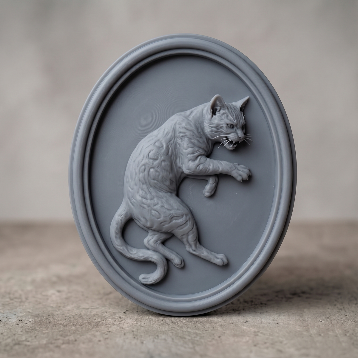 Detailed 3D bas-relief of a snarling cat rearing up inside an oval frame, mouth open showing fangs and one forepaw extended with claws out. Carved fur and rosette coat texture, a long S-curved tail, and a smooth double raised border around a recessed panel. Shown in dark walnut with fine woodgrain detail. Designed for CNC relief carving, wood routing, and 3D printing as animal wall decor.