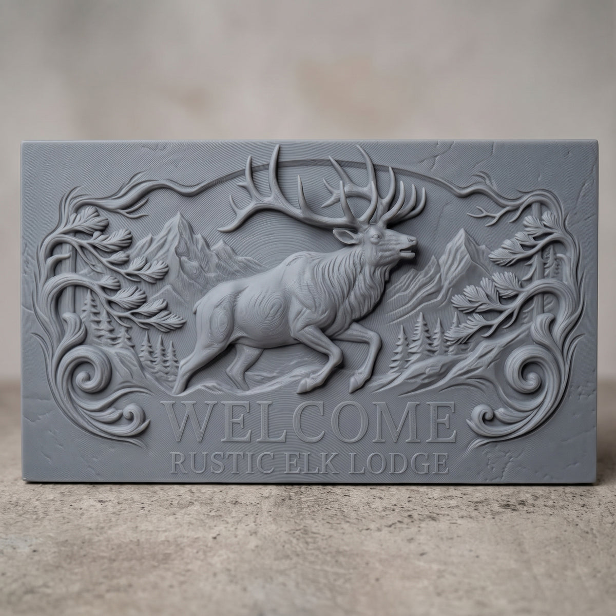 Detailed 3D bas-relief of a bugling bull elk leaping before snowy mountain peaks and pine forest, framed by carved pine branches and scrollwork, with raised WELCOME and RUSTIC ELK LODGE lettering. Shown on a flat rectangular slab in carved walnut wood. Designed for CNC relief carving, woodworking and 3D printing as a rustic lodge entry sign.