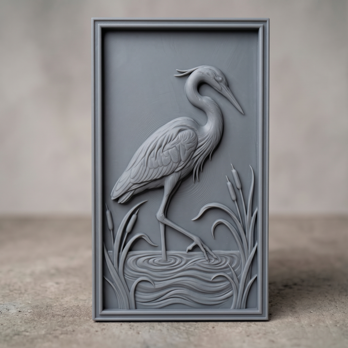 Detailed 3D bas-relief of a great blue heron wading in a marsh, one leg raised above rippling water, feathers and neck carved with fine texture. Tall cattails and reed grasses frame both sides of the bird within a rectangular molded border. Available in walnut wood and grey resin finishes. Designed for CNC relief carving, wood routing, and 3D printing as wildlife wall decor.