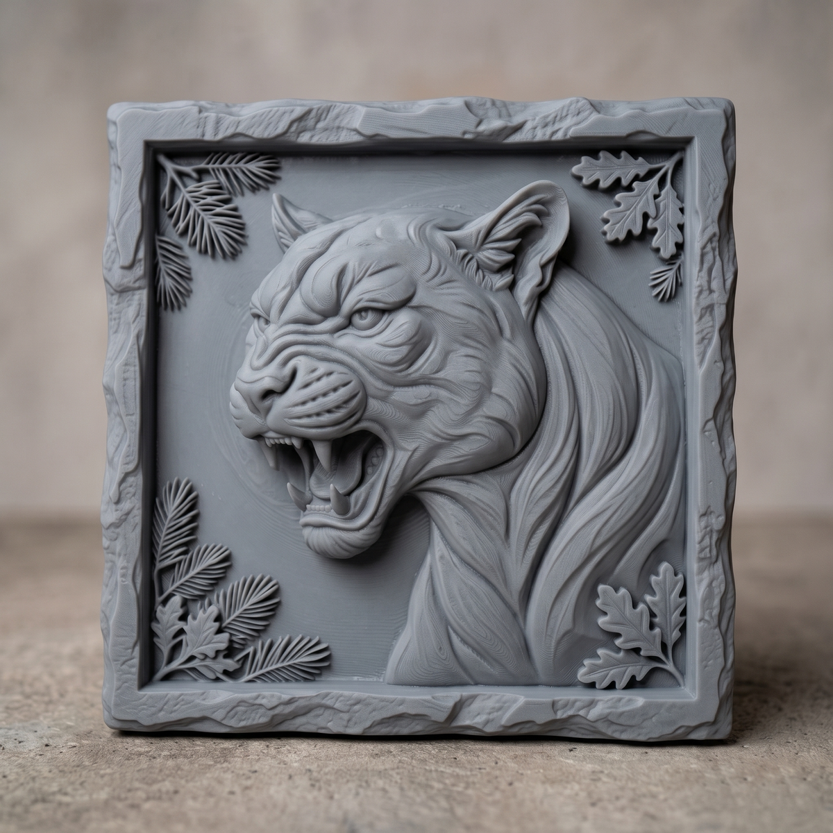Snarling mountain lion head carved in dark walnut wood inside a square rustic rock-edge frame with pine and oak leaf corners, shown as a workshop mockup and a grey resin render. Digital STL relief file for CNC routers and 3D printers, ideal for wildlife wall art, panels and woodworking projects.