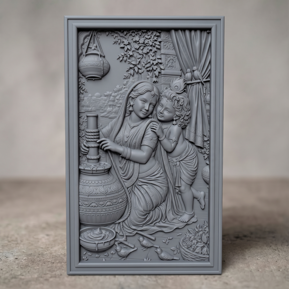 3D bas-relief of Yashoda churning butter beside young Krishna, who leans affectionately on her shoulder. The scene includes a hanging clay pot, flowering branches, a draped curtain with two parrots, and small birds at their feet, all carved with fine detail and rich wood grain texture. Set within a plain rectangular frame with a smooth molded border. Designed for CNC relief carving, wood routing, and 3D printing as devotional wall decor.