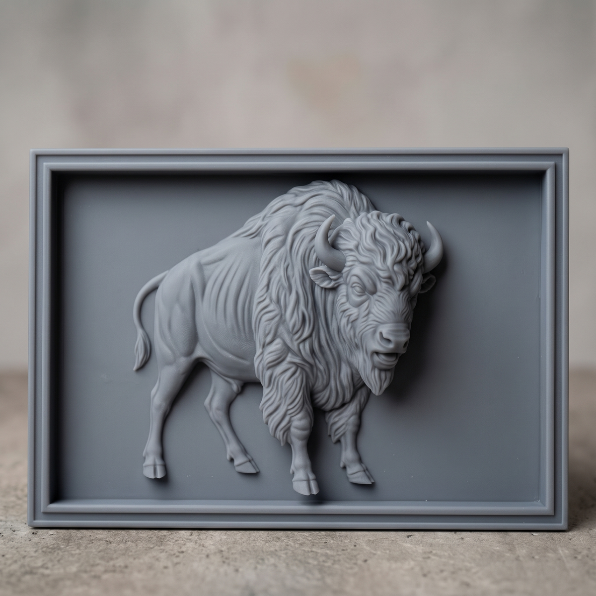Detailed 3D bas-relief of an American bison standing in three-quarter view with its head turned toward the viewer, showing curved horns, a thick shaggy mane, bearded chin, muscular body and tufted tail. Deep fur texture and raised detail throughout, set inside a stepped rectangular frame border. Designed for CNC relief carving, wood routing and 3D printing as rustic western wall decor.