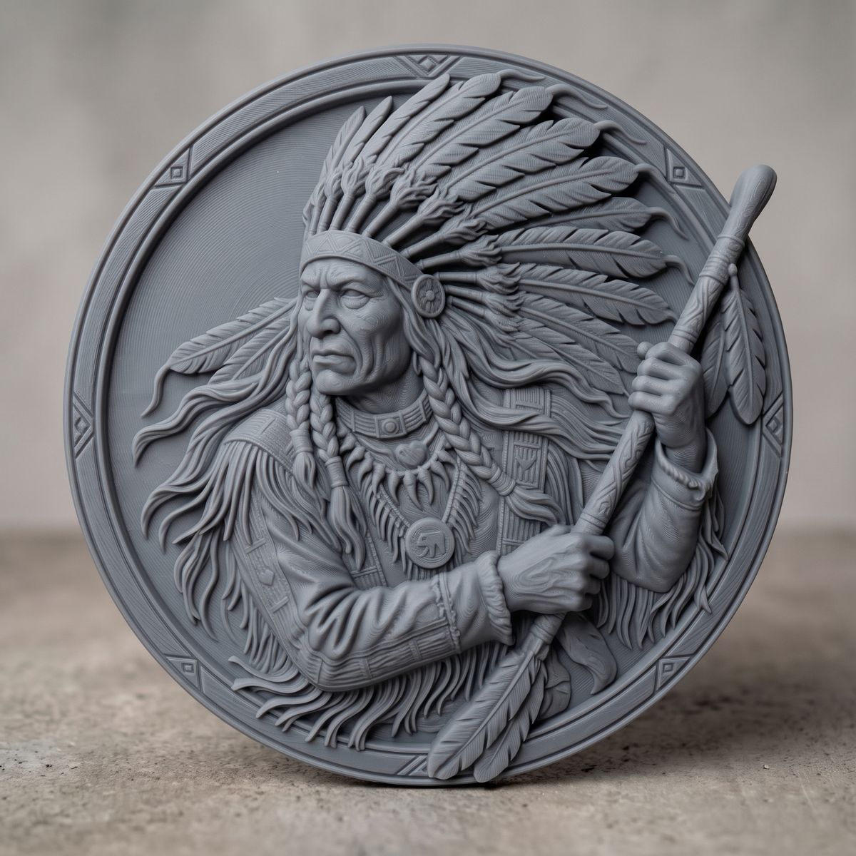 A profile portrait of a Native American chief in a tall feathered headdress with long braided hair, wearing a fringed tunic, bear-claw pendant necklace, and holding a feathered coup staff. Carved in deep 3D bas-relief with rich woodgrain texture, set within a round medallion bordered by a geometric diamond pattern. Ideal for CNC relief carving, wood routing, and 3D printing as rustic wall decor.