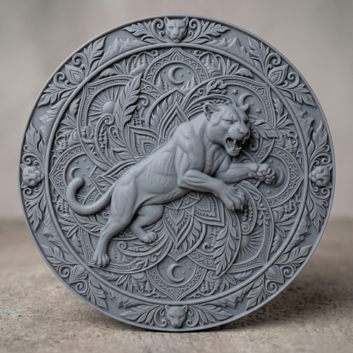 Mountain lion carved in dark walnut wood inside a round mandala frame with leaf scrollwork, moon and sun motifs and cougar head accents, shown as a workshop mockup and a grey resin render. Digital STL relief file for CNC routers and 3D printers, ideal for wildlife wall art, panels and woodworking projects.