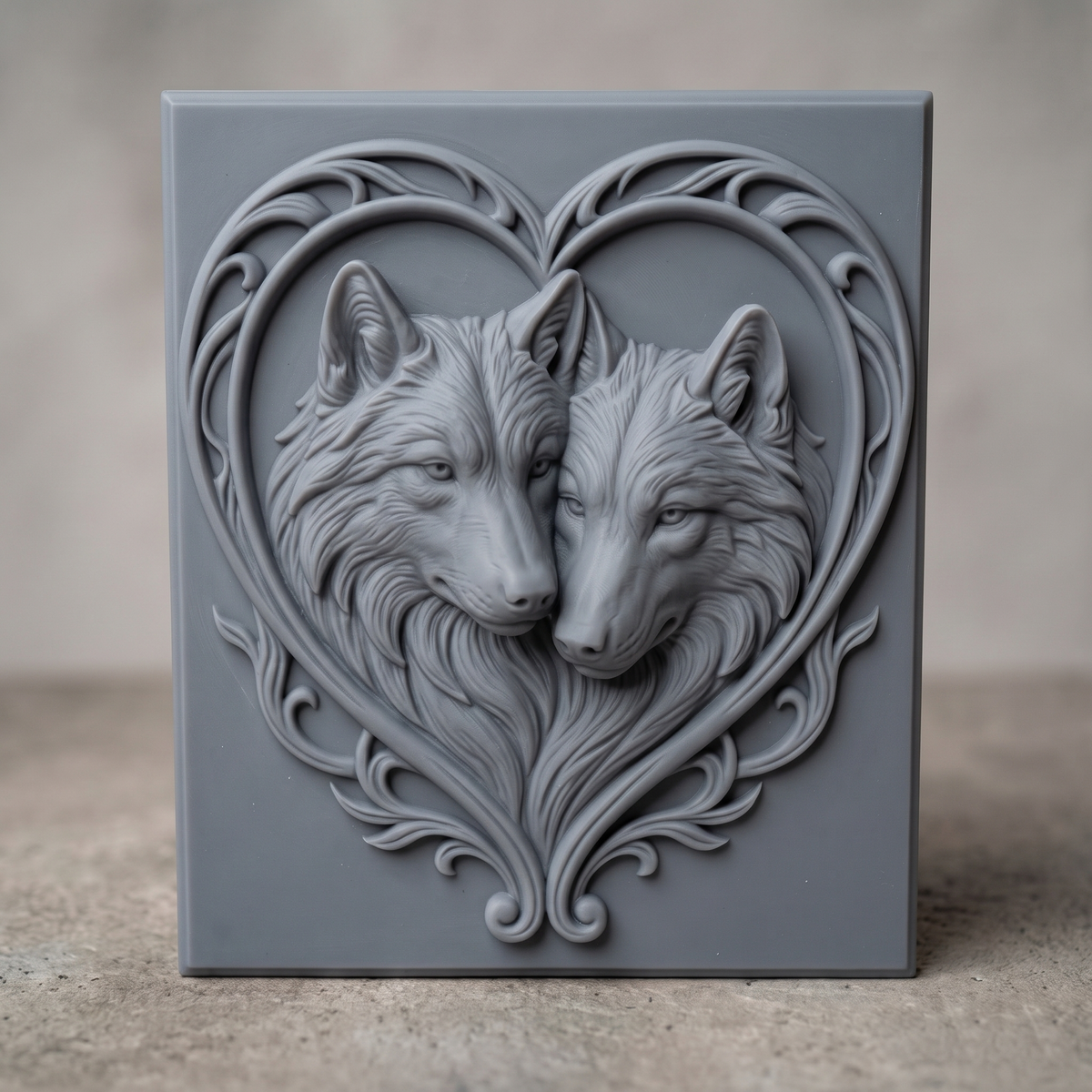 Bas-relief of two wolves nuzzling nose to nose, encircled by ornate heart-shaped scrollwork carved into a rectangular panel with a raised molded border. Rich wood-grain texture and fine fur detail run throughout the piece. Designed for CNC relief carving, wood routing, and 3D printing as rustic wall decor.