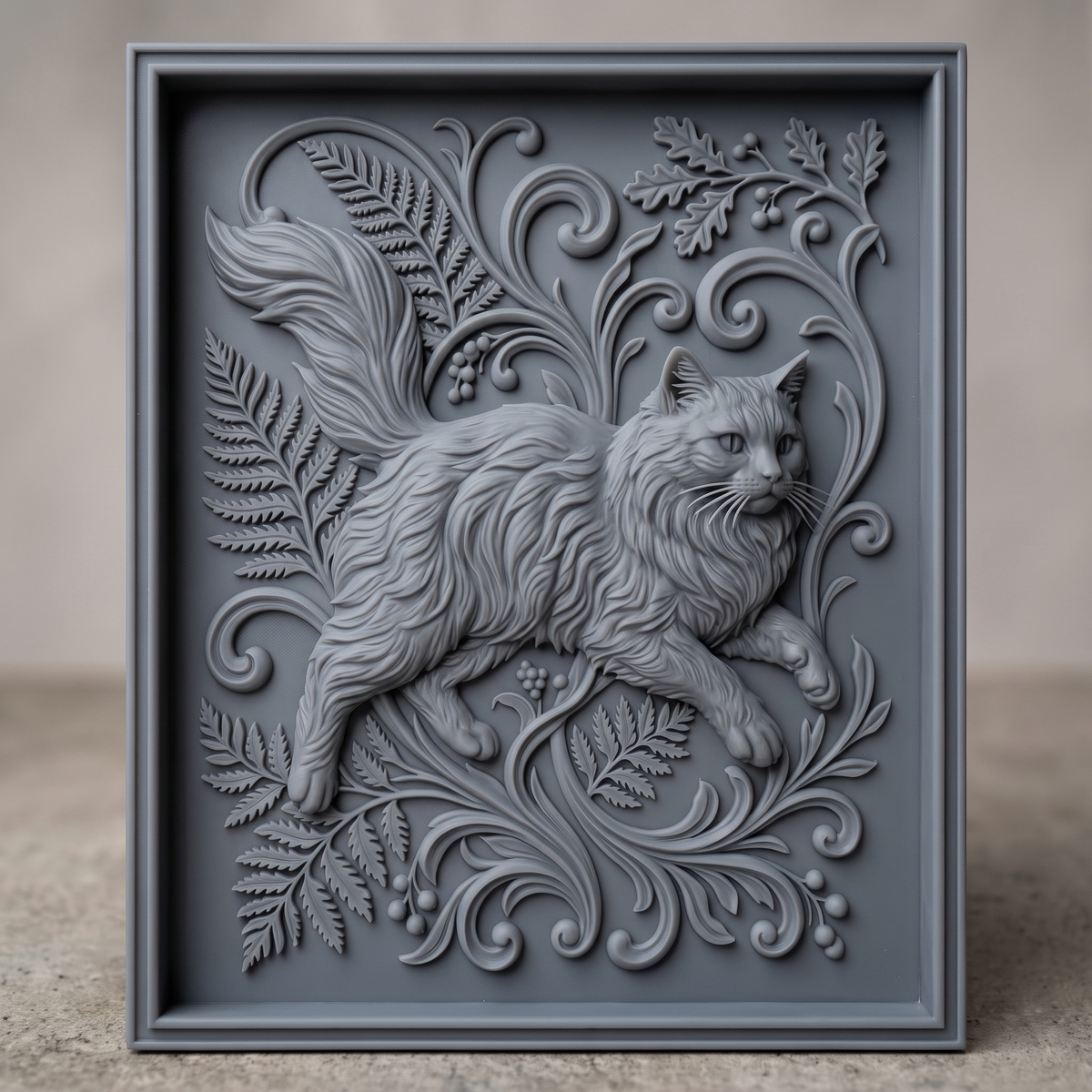 Longhair cat in mid-stride surrounded by fern fronds, oak leaves, and baroque scrollwork, carved as a detailed 3D bas-relief with raised fur texture and a flowing tail. The scene sits within a molded rectangular frame border. Designed for CNC relief carving, wood routing, and 3D printing as wall decor.
