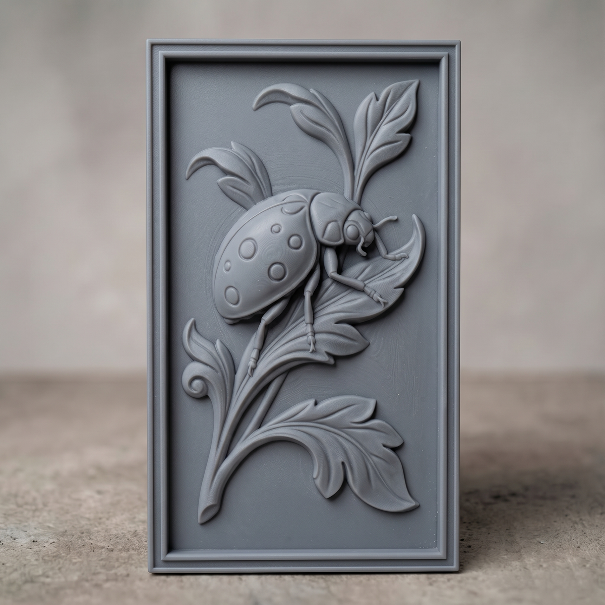 Detailed 3D bas-relief of a ladybug beetle perched on curling acanthus leaves, with raised dot patterns on its shell, delicate antennae, and jointed legs gripping a leaf tip. Carved in rich walnut wood grain with a polished satin finish, framed within a rectangular molded border. Designed for CNC relief carving, wood routing, resin casting, and 3D printing as wall decor.