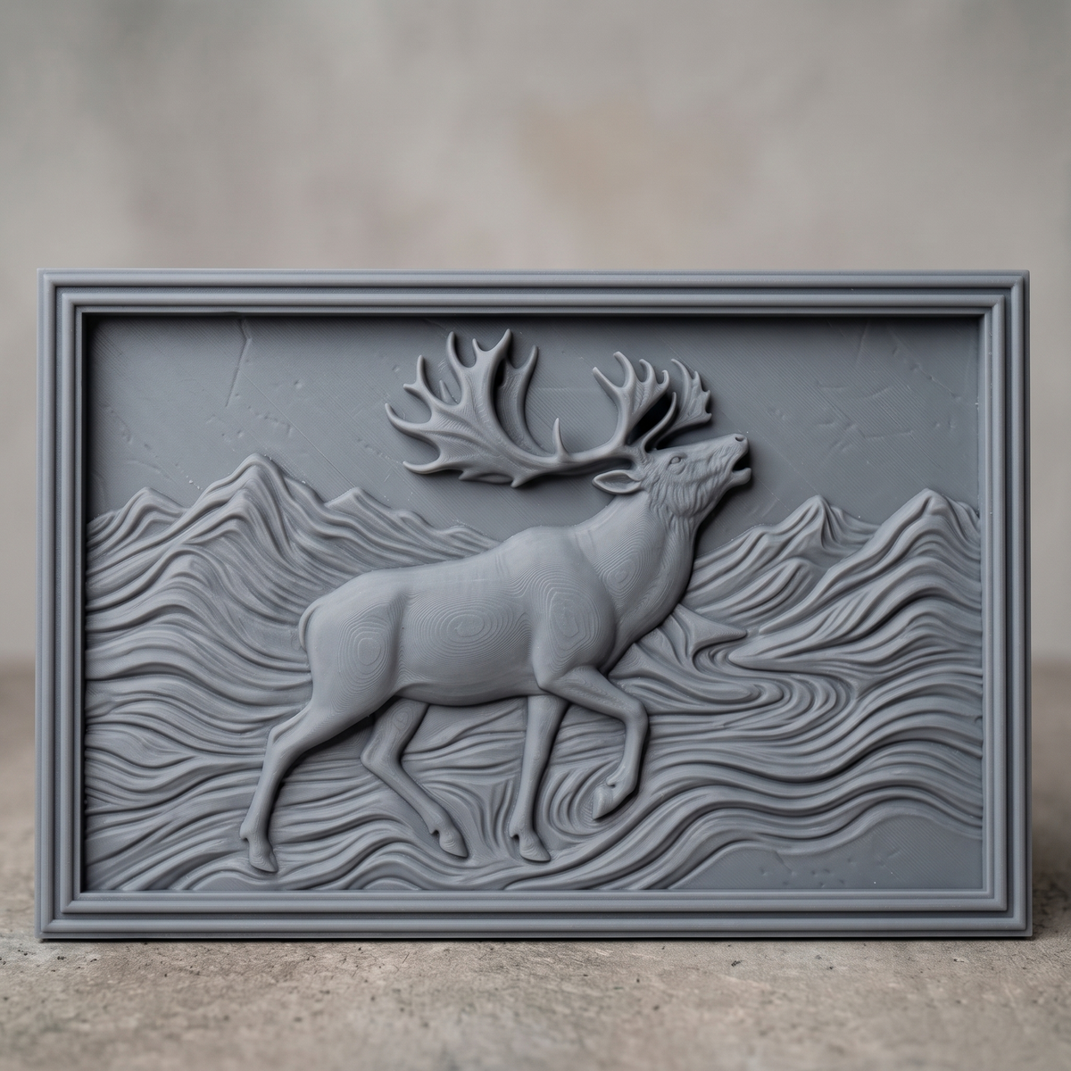 Detailed 3D bas-relief of a caribou with large branching antlers and raised front leg, striding through layered mountain ridges and flowing wind-swept waves. Set in a rectangular panel with a stepped molded frame, shown in carved walnut wood. Designed for CNC relief carving, woodworking and 3D printing as rustic northern wildlife wall decor.