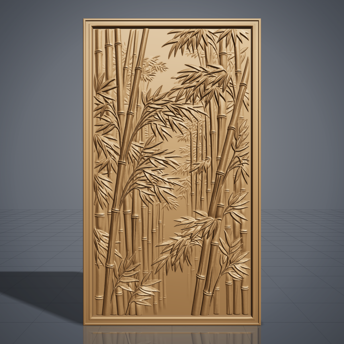Highly detailed 3D bas-relief of a dense bamboo grove, with tall jointed stalks and layered leaf clusters receding into a misty forest path, framed by a raised molded border. Fine relief carving captures individual leaf veins, stalk nodes, and natural wood grain throughout the panel. Designed for CNC relief carving, wood routing, and 3D printing as zen garden, Asian-inspired, or botanical wall decor.