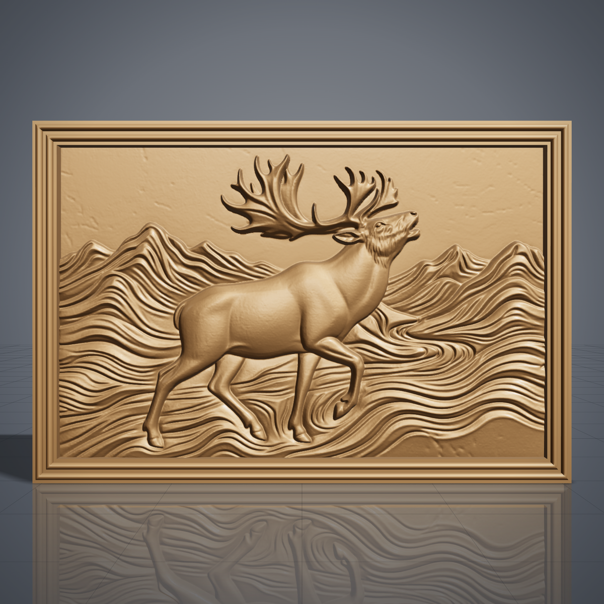 Detailed 3D bas-relief of a caribou with large branching antlers and raised front leg, striding through layered mountain ridges and flowing wind-swept waves. Set in a rectangular panel with a stepped molded frame, shown in carved walnut wood. Designed for CNC relief carving, woodworking and 3D printing as rustic northern wildlife wall decor.