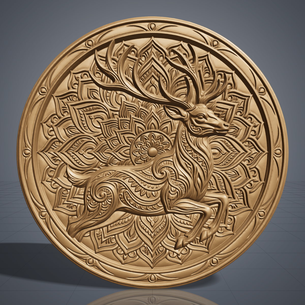 Detailed 3D bas-relief of a leaping stag with large branching antlers, its body carved with flowing swirl and paisley patterns, set against a lotus mandala of layered petals. A raised circular frame with a stepped ring and bead accents surrounds the scene. Fine carved texture and depth. Designed for CNC relief carving, woodworking, resin casting and 3D printing as wall decor.