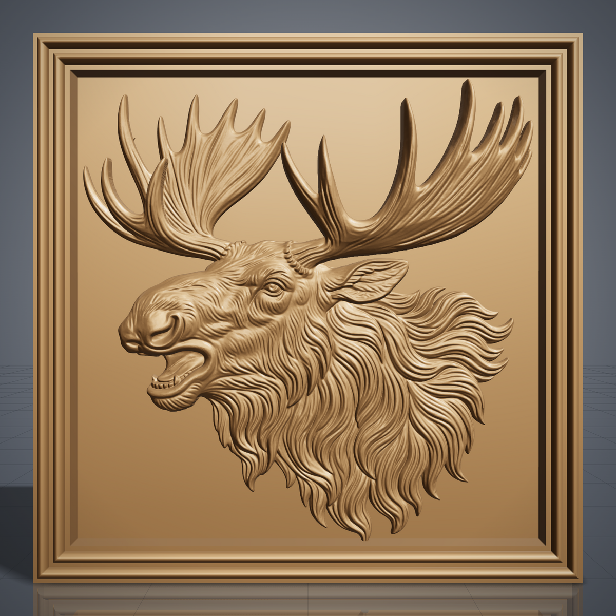 High-relief 3D bas-relief of a bugling moose head with open mouth, huge palmate antlers and a flowing shaggy mane, set in a square framed plaque with a stepped molded border and flat recessed background. Fine fur and antler grain detail with layered relief. Designed for CNC relief carving, wood routing and 3D printing as rustic wildlife wall decor for a cabin, lodge or hunting den.