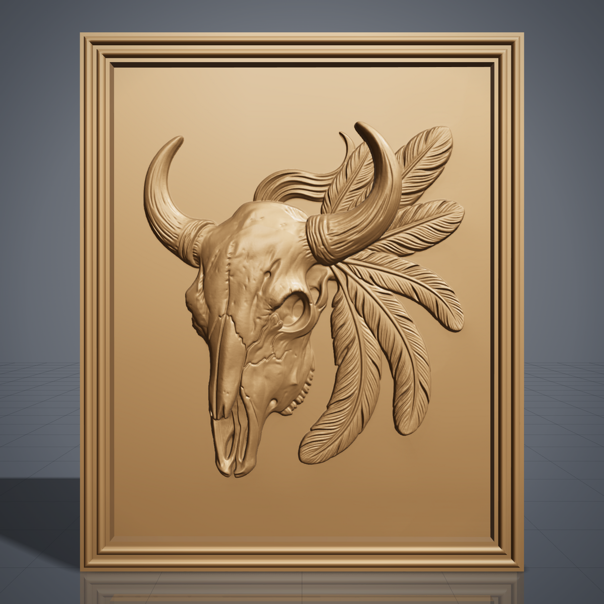 Detailed 3D bas-relief of a bison skull with two curved horns wrapped in leather bands, flowing mane wisps and five carved feathers hanging to the side, set inside a rectangular panel with a stepped molded frame. Rich walnut wood grain and raised detail. Designed for CNC relief carving, woodworking and 3D printing as rustic western wall decor.