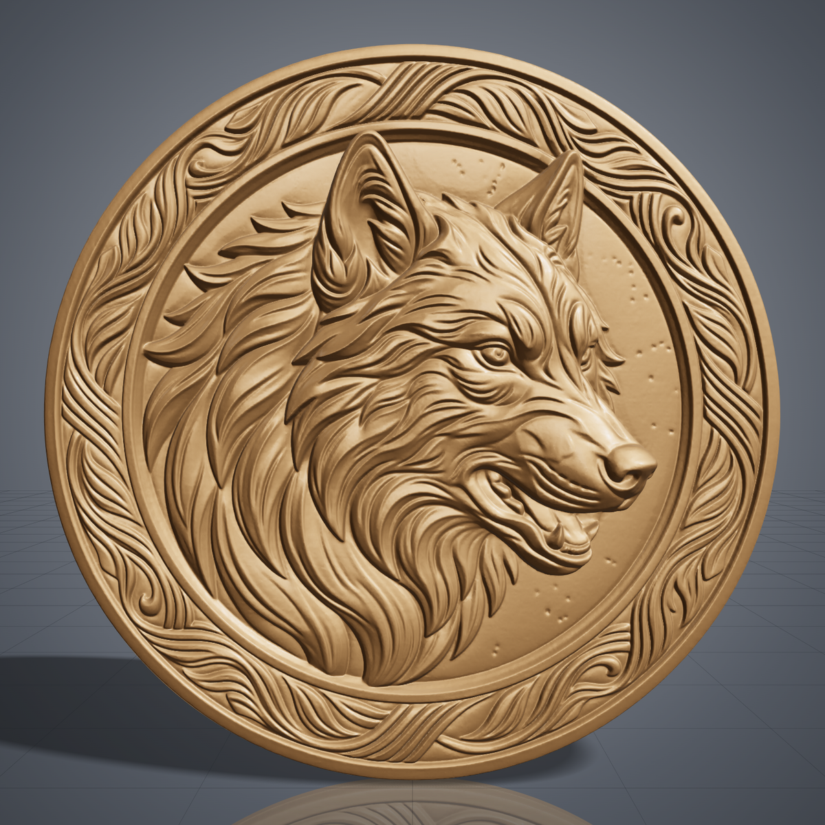 Detailed 3D bas-relief of a wolf head in profile with flowing layered fur, pointed ears and an open snarling mouth, set inside a raised round frame with carved leaf and vine scrollwork. Fine fur texture and deep shadows on a circular medallion panel. Made for CNC router carving, woodworking, 3D printing and rustic wolf wall decor.