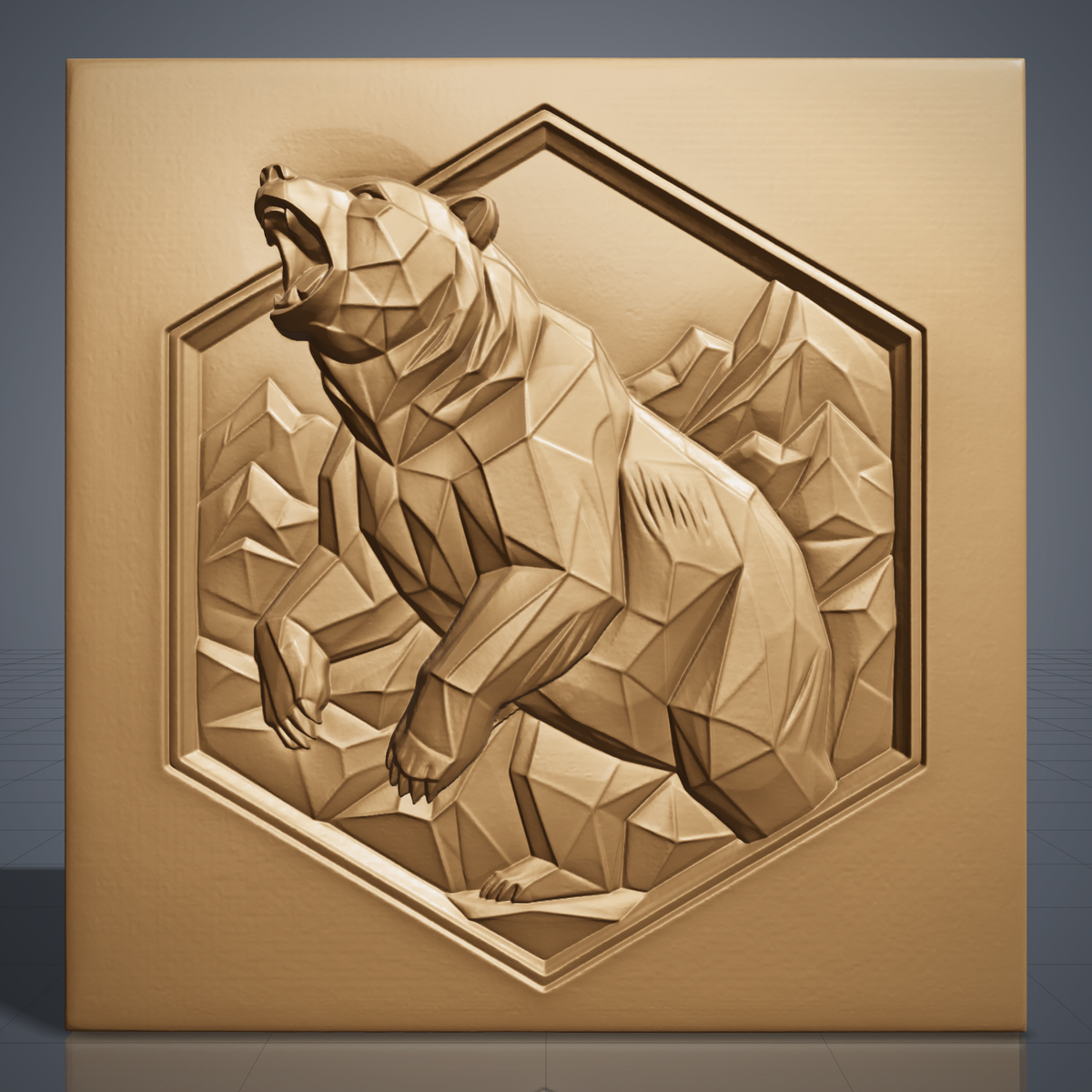 Geometric low poly 3D bas-relief of a roaring bear rearing up with raised front paws, faceted fur and angular mountain peaks. Set inside a recessed hexagon panel on a flat square slab. Shown in carved walnut wood and grey resin. Designed for CNC relief carving, woodworking and 3D printing as modern wildlife and cabin wall decor.