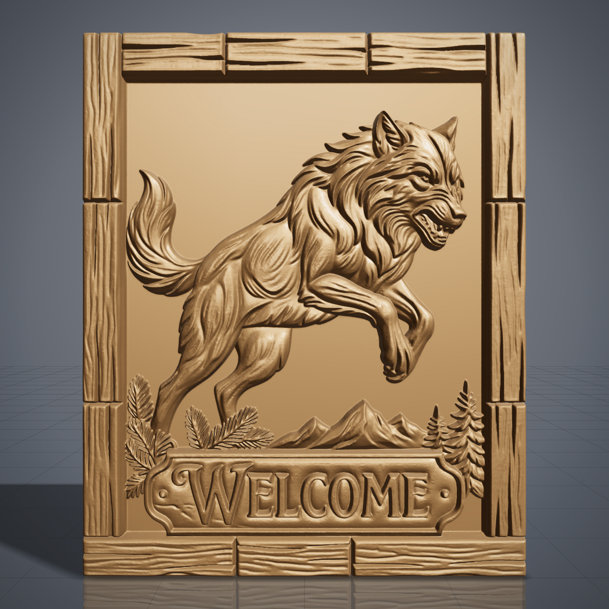 Detailed 3D bas-relief of a snarling gray wolf leaping with front paws raised, fur texture carved in deep relief, with pine branches, mountain peaks and fir trees at the base. A raised WELCOME name plaque sits at the bottom inside a rustic plank wood frame with wood grain. Designed for CNC router carving, wood routing and 3D printing as a welcome sign or cabin wall decor.