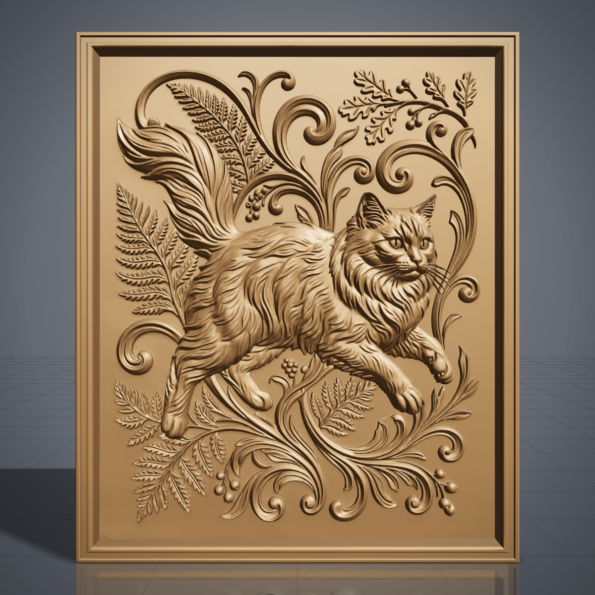 Longhair cat in mid-stride surrounded by fern fronds, oak leaves, and baroque scrollwork, carved as a detailed 3D bas-relief with raised fur texture and a flowing tail. The scene sits within a molded rectangular frame border. Designed for CNC relief carving, wood routing, and 3D printing as wall decor.