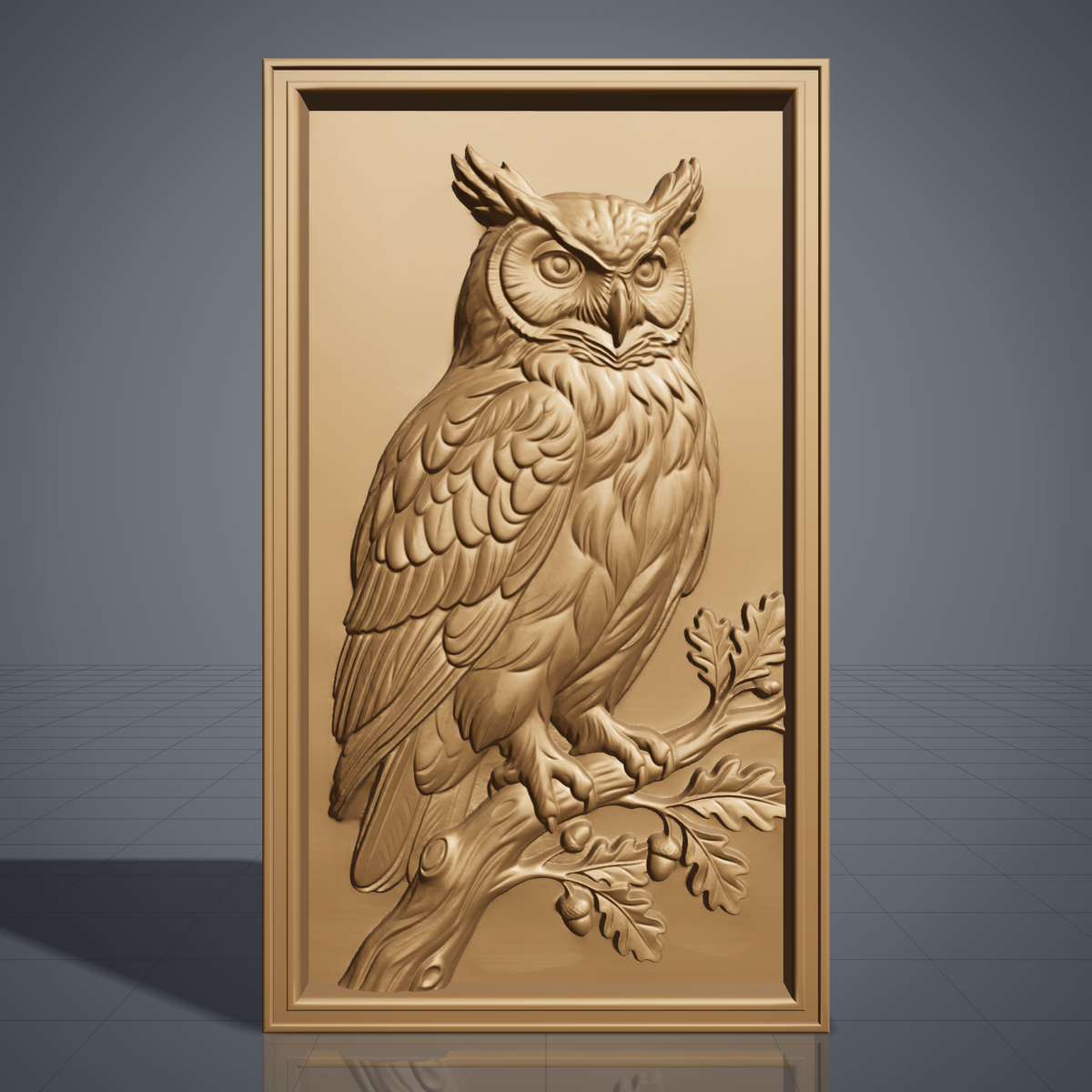 Detailed 3D bas-relief of a great horned owl perched on an oak branch, wings folded, large forward-facing eyes, surrounded by acorns and oak leaves. Carved in rich walnut wood grain with fine feather texture, set within a raised rectangular frame border. Designed for CNC relief carving, wood routing, resin casting, and 3D printing as wall decor.