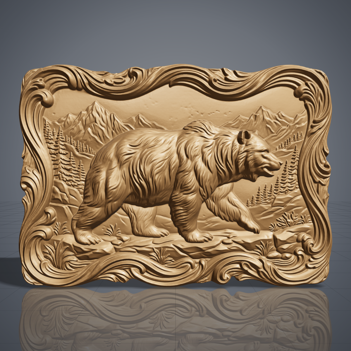 Detailed 3D bas-relief of a walking grizzly bear in side profile with thick shaggy fur, one front paw raised, set in a mountain valley with pine trees, grass tufts and rocks. Framed by an ornate wavy scrollwork border with a flowing irregular edge. Shown in carved walnut wood and grey resin. Designed for CNC relief carving, woodworking and 3D printing as rustic cabin wildlife wall decor.