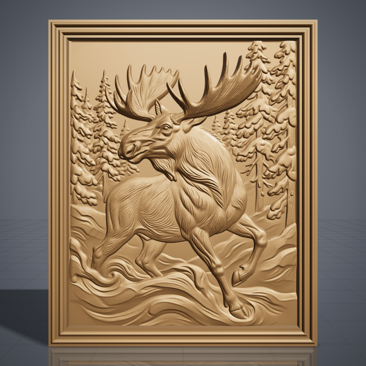 Realistic running moose with huge antlers and one front leg raised, framed by snow-covered pine trees with swirling snow waves below, shown as a portrait rectangular frame relief plaque with a stepped molded border, digital STL model for CNC router carving and 3D printing.