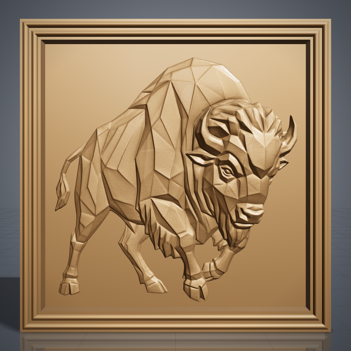 Full-body low poly geometric bison walking forward with lowered head and curved horns, faceted angular planes carved in relief inside a square stepped molded frame, digital STL model for CNC router carving and 3D printing.