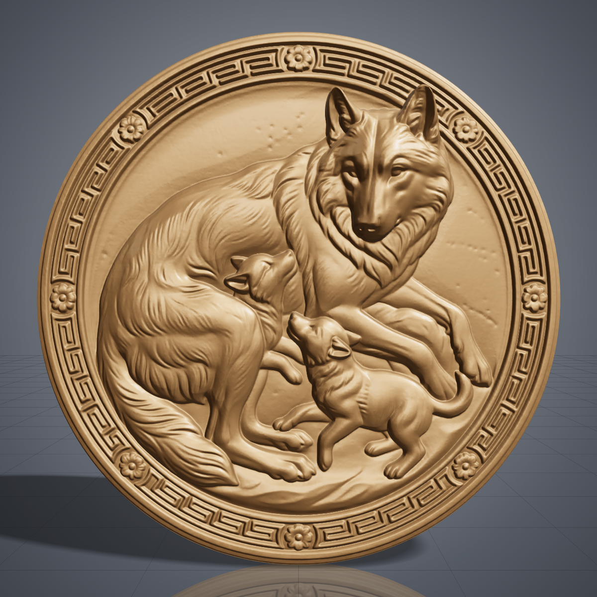 Detailed 3D bas-relief of a mother wolf resting with two playful pups, set inside a round medallion framed by a raised Greek key border and four floral rosettes. Soft fur texture and sculpted paws stand out against a smooth backing panel. Designed for CNC relief carving, wood routing, and 3D printing as nursery or family wall decor.