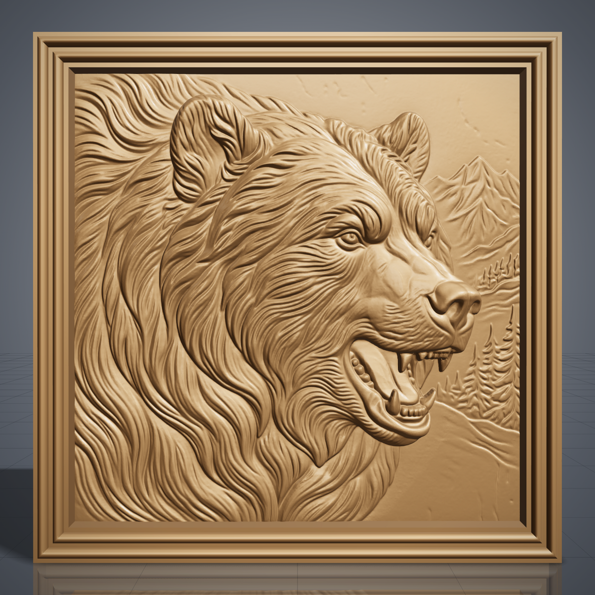 Detailed 3D bas-relief of a snarling grizzly bear head in profile with flowing fur, open jaws and fangs, set against a mountain and pine forest scene inside a stepped square molded frame. Shown in carved walnut wood and grey resin. Designed for CNC relief carving, woodworking and 3D printing as rustic cabin wildlife wall decor.