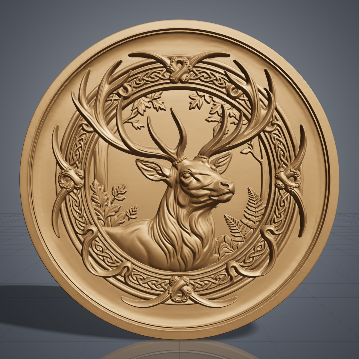 High-relief 3D bas-relief of a deer head with large antlers inside a circular Celtic knotwork frame with leaves and ferns, made as a solid round plaque with a full flat background. Fine antler, fur and knot detail with layered relief. Designed for CNC relief carving, wood routing and 3D printing as Celtic wildlife wall decor for a cabin, lodge or den.