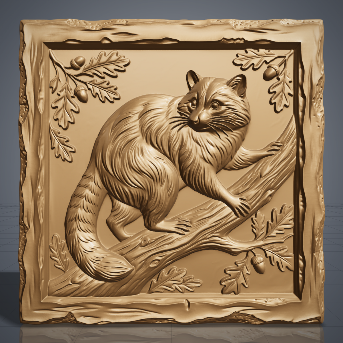 A detailed 3D bas-relief of a raccoon set within a square frame, capturing its facial markings, fur texture, and alert expression in fine raised detail. The design is bordered by a clean square edge, giving it a finished plaque-like presentation. Carved in wood grain texture with natural highlights and shadow depth. Designed for CNC relief carving, wood routing, and 3D printing as wall decor or a nature-themed gift.