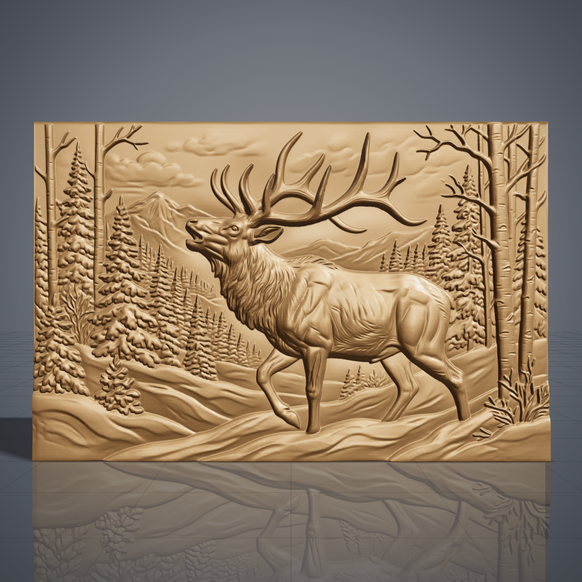 Detailed 3D bas-relief of a bugling bull elk with large antlers stepping through a snowy winter forest, with spruce trees, bare birches, snowdrifts and distant mountains, set on a flat rectangular slab. Shown in carved walnut wood and grey resin. Designed for CNC relief carving, woodworking and 3D printing as rustic cabin wildlife wall decor.