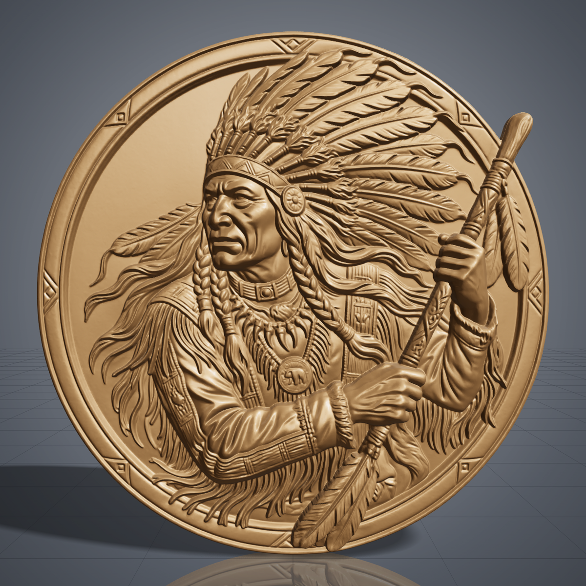 A profile portrait of a Native American chief in a tall feathered headdress with long braided hair, wearing a fringed tunic, bear-claw pendant necklace, and holding a feathered coup staff. Carved in deep 3D bas-relief with rich woodgrain texture, set within a round medallion bordered by a geometric diamond pattern. Ideal for CNC relief carving, wood routing, and 3D printing as rustic wall decor.