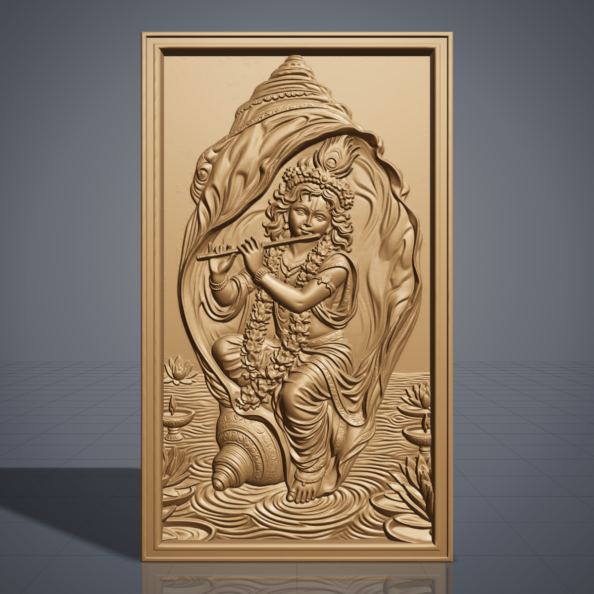 Bas-relief of Krishna playing a flute beneath a flowing conch-shell canopy, wearing a peacock feather crown, floral garlands, and bangles. Lotus flowers and oil lamps rest in rippling water below, carved in rich wood-grain texture within a rectangular frame. Designed for CNC relief carving, wood routing, and 3D printing as devotional wall decor.