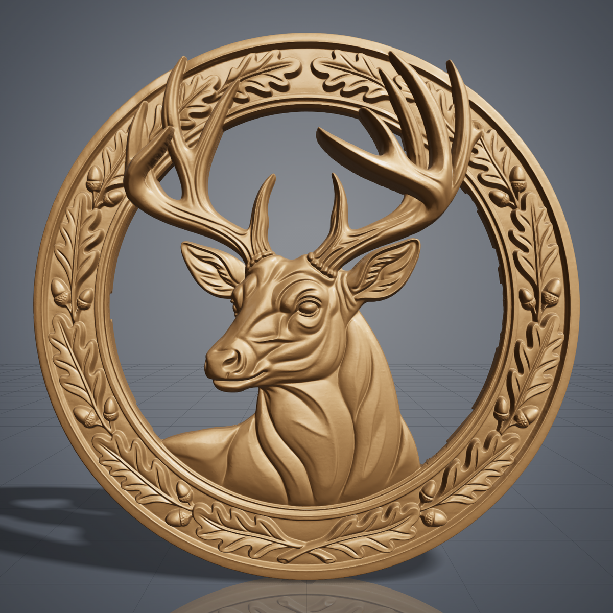High-relief 3D bas-relief of a deer head with large antlers inside a circular wreath of oak leaves and acorns, made as an open cutout with the background cut away. Fine antler, fur and leaf detail with layered relief. Designed for CNC relief carving, wood routing and 3D printing as rustic wildlife wall decor for a cabin, lodge or hunting den.