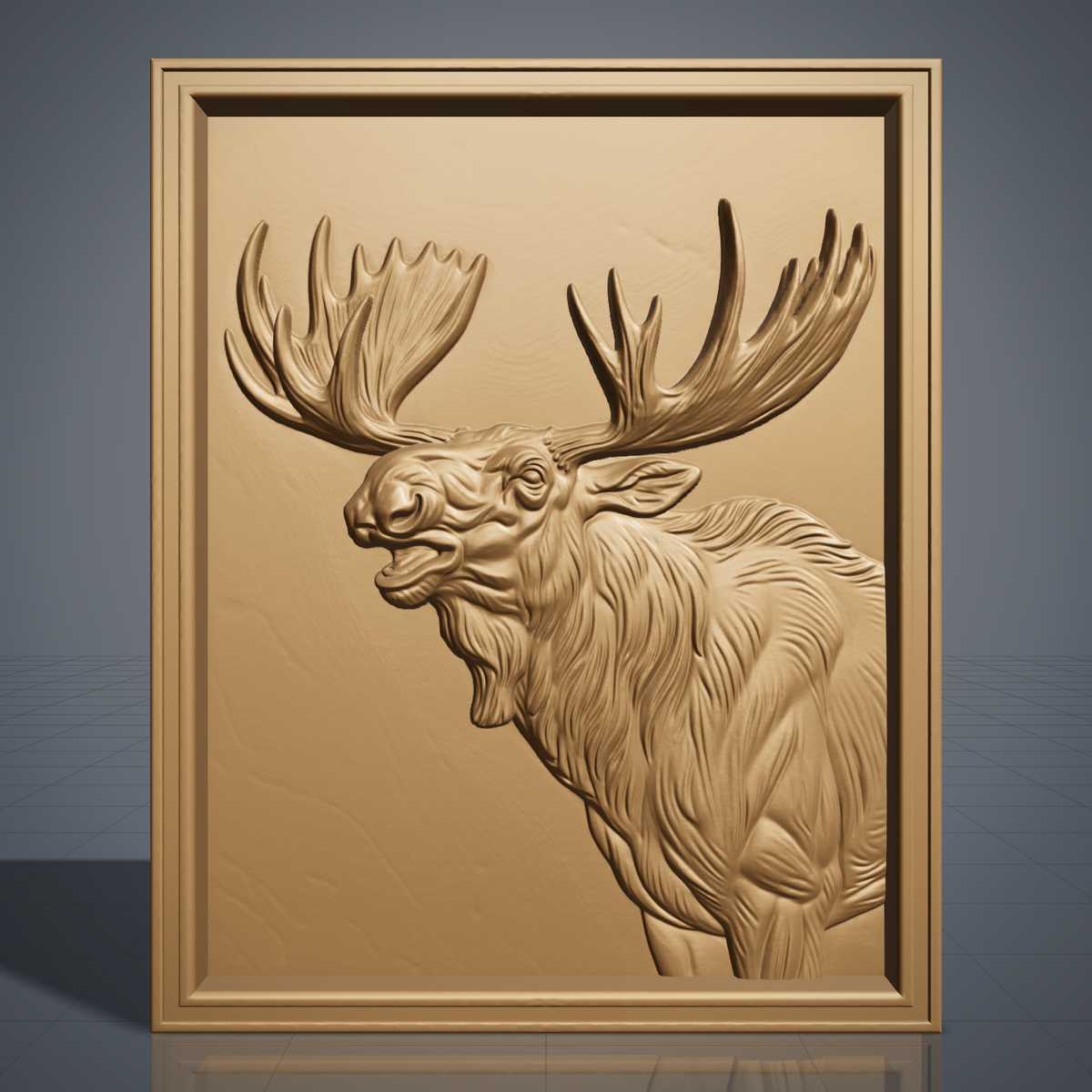 High-relief 3D bas-relief of a bellowing bull moose bust with wide palmate antlers and a shaggy mane, set in a stepped rectangular frame. Fine fur, muscle and antler detail rising from a smooth recessed background. Designed for CNC relief carving, wood routing and 3D printing as rustic wildlife wall decor for a cabin, lodge or hunting den.
