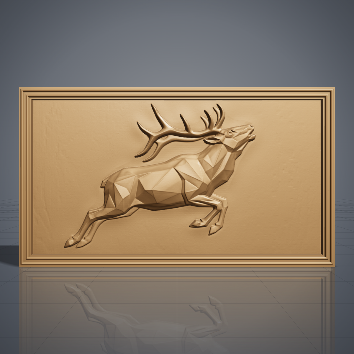 Detailed 3D bas-relief of a low poly geometric bull elk leaping with head raised and large antlers, faceted angular body and raised hooves, set inside a stepped molded rectangular frame. Shown in carved walnut wood and grey resin. Designed for CNC relief carving, woodworking and 3D printing as modern geometric wildlife wall decor.