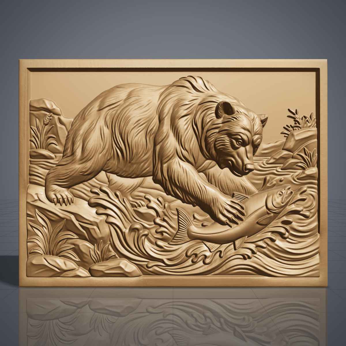 Detailed 3D bas-relief of a grizzly bear catching a leaping salmon in a rushing river, with splashing waves, riverside rocks and wild grasses. Framed by a rectangular border with a recessed panel and stepped inner edge. Shown in carved walnut wood and grey resin. Designed for CNC relief carving, woodworking and 3D printing as rustic cabin wildlife wall decor.