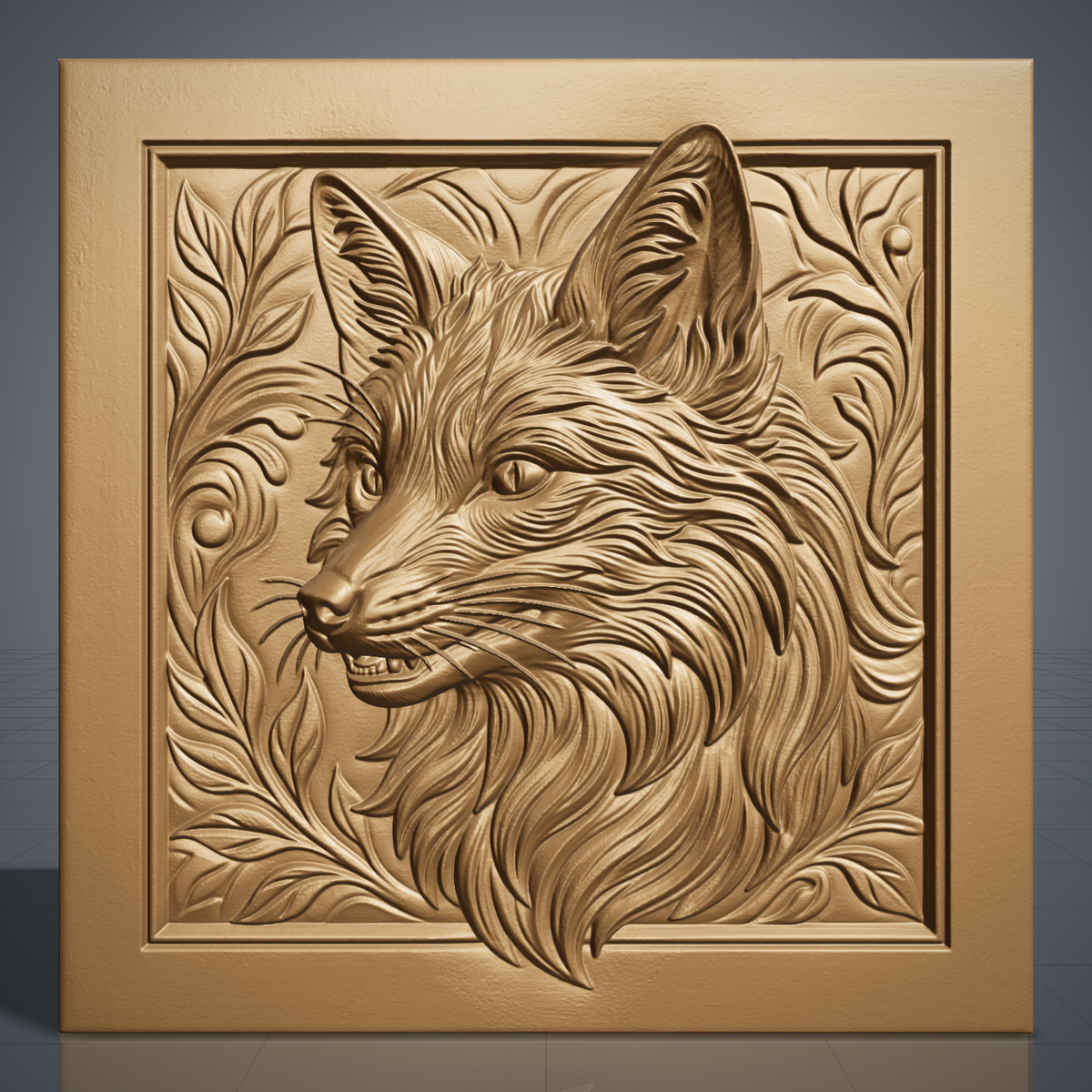Detailed 3D bas-relief of a fox head with pointed ears, whiskers, and a slightly open mouth, carved in rich walnut wood grain with fine fur texture throughout. Leafy scrollwork, swirls, and small berry accents fill the corners within a raised square frame border. Designed for CNC relief carving, wood routing, and 3D printing as rustic wall decor.