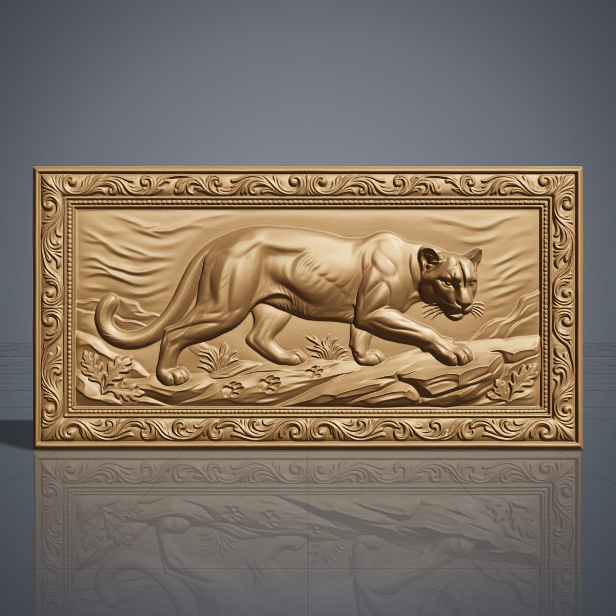 Prowling mountain lion carved in dark walnut wood inside an ornate scrollwork rectangular frame with oak leaves and rocky ledge, shown as a workshop mockup and a grey resin render. Digital STL relief file for CNC routers and 3D printers, ideal for wildlife wall art, panels and woodworking projects.