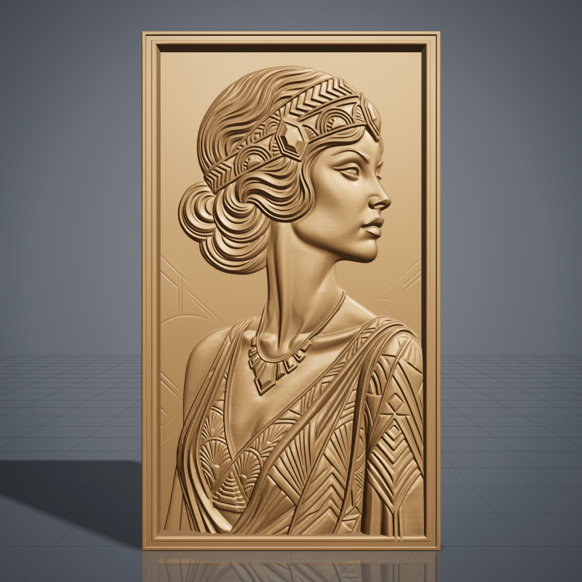 Highly detailed 3D bas-relief of an Art Deco woman in profile, wearing a geometric jeweled headband over finger-waved hair styled into a low bun, an angular necklace, and a dress with chevron and diamond geometric patterns, carved in rich walnut wood. The portrait is set within a raised, molded picture-frame border on a vertical rectangular panel. Fine relief carving captures crisp geometric detail and natural wood grain throughout. Designed for CNC relief carving, wood routing, and 3D printing 