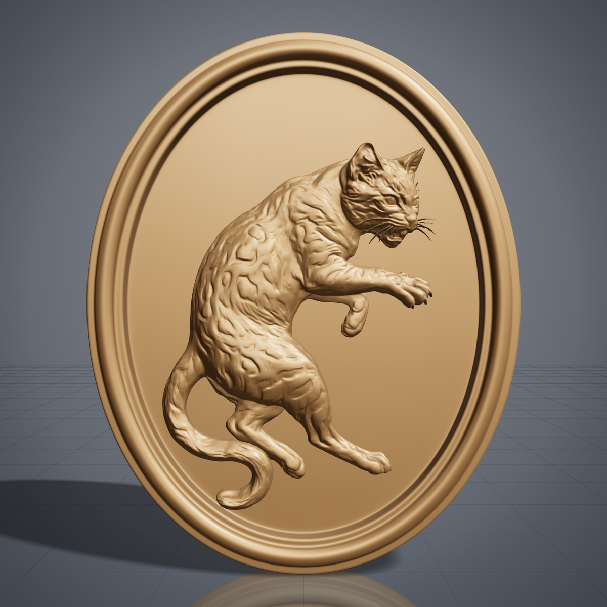 Detailed 3D bas-relief of a snarling cat rearing up inside an oval frame, mouth open showing fangs and one forepaw extended with claws out. Carved fur and rosette coat texture, a long S-curved tail, and a smooth double raised border around a recessed panel. Shown in dark walnut with fine woodgrain detail. Designed for CNC relief carving, wood routing, and 3D printing as animal wall decor.